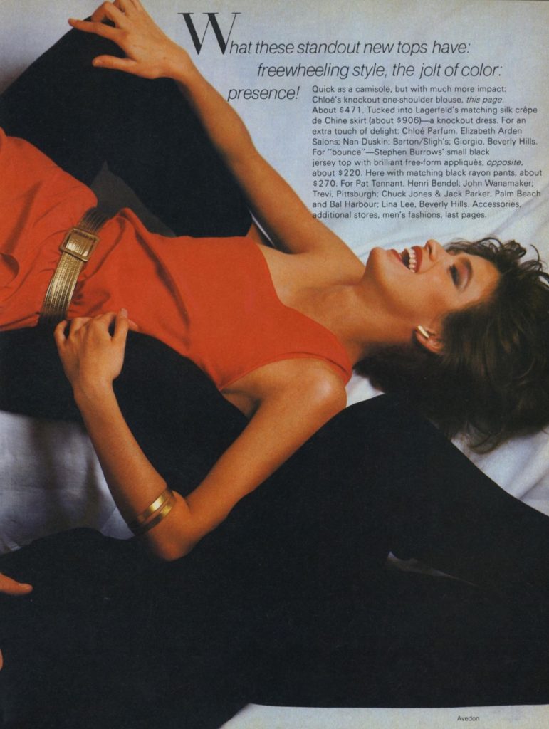 1980 March Vogue US.  Tops! Pure Pleasure ~ Perry Ellis designer, Gia Carangi, Eva Voorhees and Alessandro Stepanoff. Richard Avedon photographer, Garren hair, Alberto Fava makeup.