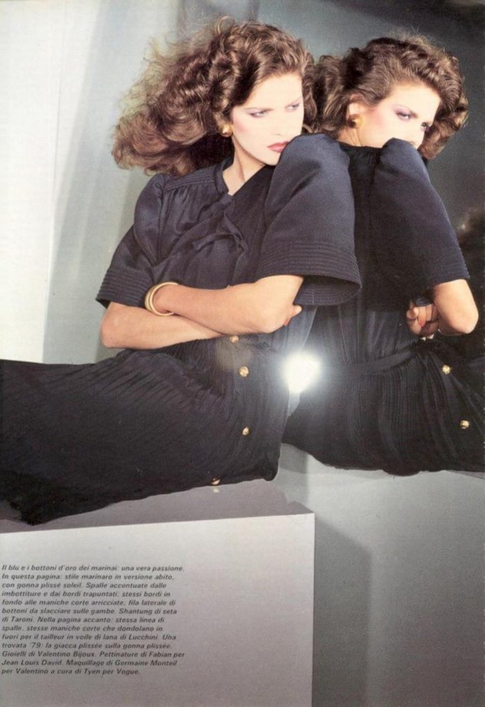 Gia Carangi.  Vogue Italia March 1979 volume 1 and 2.  Francois Lamy photographer, Fabian hair, Tyen makeup.  With Lena Kansbod model.