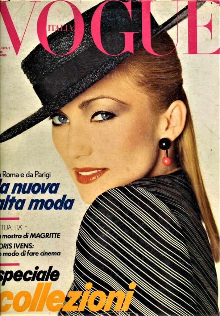 Gia Carangi.  Vogue Italia March 1979 volume 1, Anna Anderson cover by Gianpaulo Barbiero photographer, John Sahag hair, Nando Chiesa makeup.