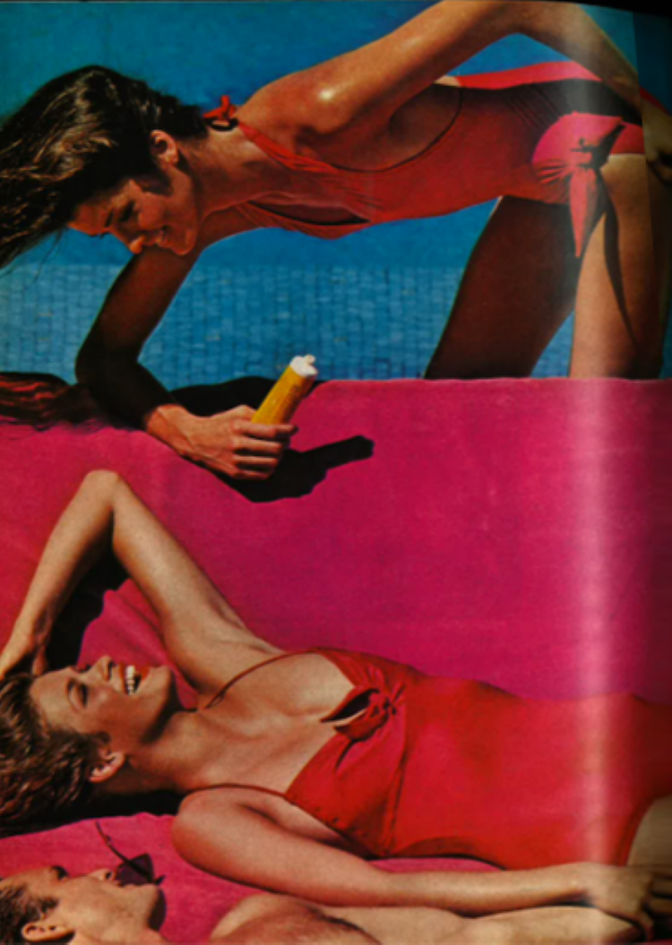 Gia Carangi. Mike Reinhardt photographer. Vogue magazine 1979 May and July issues.  With Patti Hansen, Janice Dickinson and Mike Holder.  Location Acapulco and Cuernavaca Mexico.