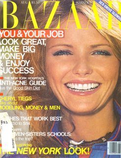 Gia Carangi published inside this 1979 August issue of Harper's Bazaar US.  Cover model Cheryl Tiegs by Bill King photographer