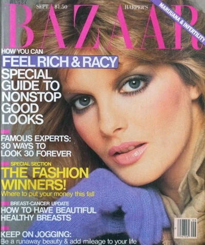 Gia Carangi published inside this 1979 September issue of Harper's Bazaar US.  Cover model Renee Russo by Francesco Scavullo photographer, Harry King hair, Way Bandy makeup