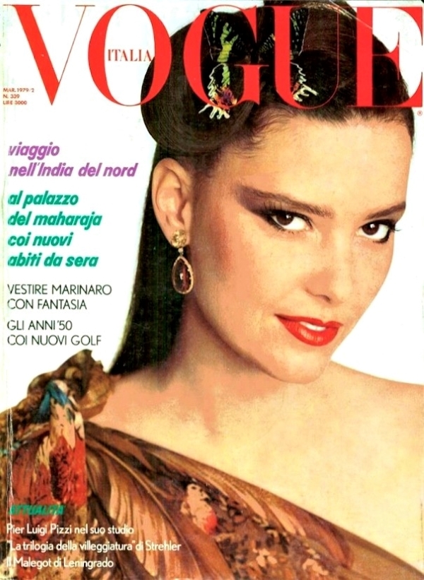 Gia Carangi.  Vogue Italia March 1979 volume 2, Marcie Hunt cover by Gianpaulo Barbiero photographer, John Sahag hair, Nando Chiesa makeup.