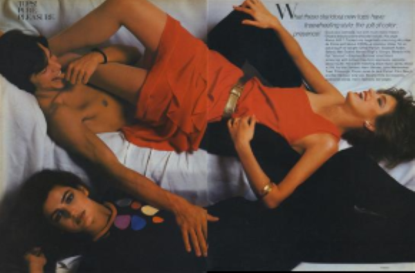 1980 March Vogue US. Gia Carangi, Alessandro Stepanoff and Eva Voorhees models. Richard Avedon photographer, Perry Ellis designer.
