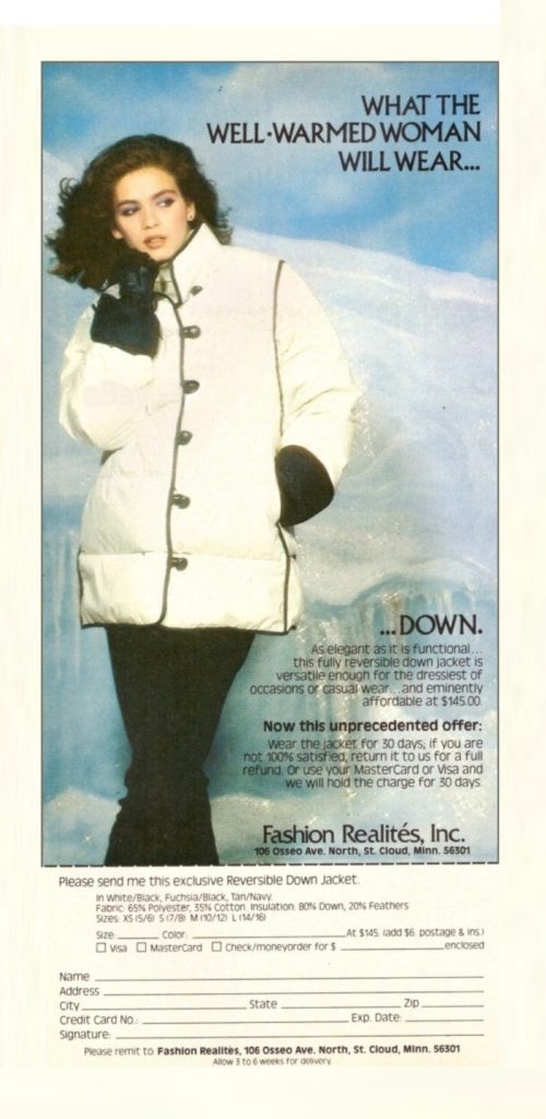 Vogue US September 1980.  Gia Carangi down jacket ad.
