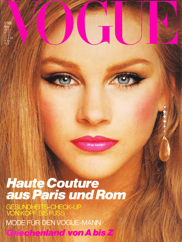 Gia Carangi in the 1980 March Vogue Deutsch issue. Michelle Stevens cover model by Francesco Scavullo.