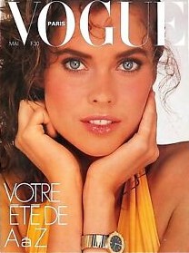 Gia Carangi in Vogue Paris May 1981. Albert Watson photographer. Kerry Warn hair, Anne-Marie Barthelemy makeup. Carol Alt on cover.