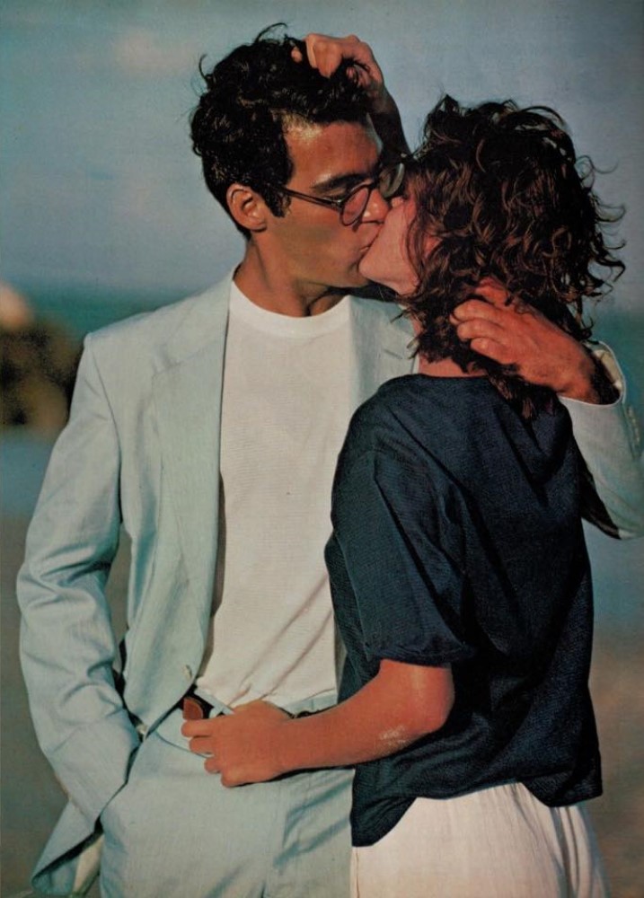 1981 June GQ, Bob Menna and Gia Carangi by Arthur Elgort, Barbados location shoot. CLOTHES FOR COMFORT editorial.