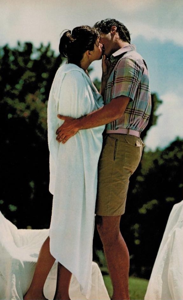 1981 June GQ, Bob Menna and Gia Carangi by Arthur Elgort, Barbados location shoot. CLOTHES FOR COMFORT editorial.