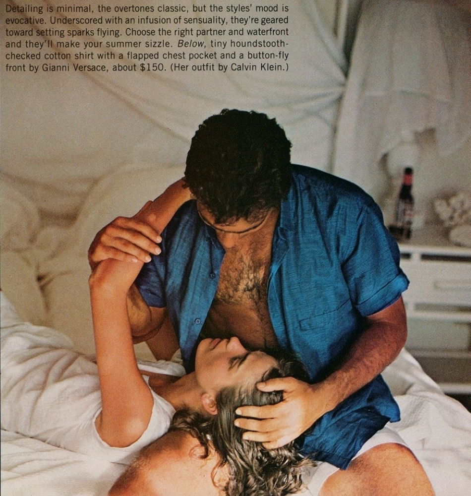 1981 June GQ, Bob Menna and Gia Carangi by Arthur Elgort, Barbados location shoot. HOT TIMES editorial.