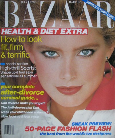 Gia Carangi published inside this 1982 July issue of Harper's Bazaar US.  Cover model Kelly Emberg by Patrick Demarchelier photographer