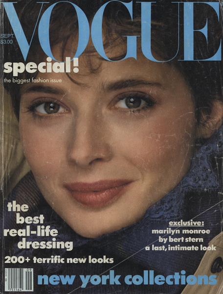 1982 September Vogue US. Isabella Rossellini cover. Richard Avedon photographer, Garren hair, Ariella makeup.