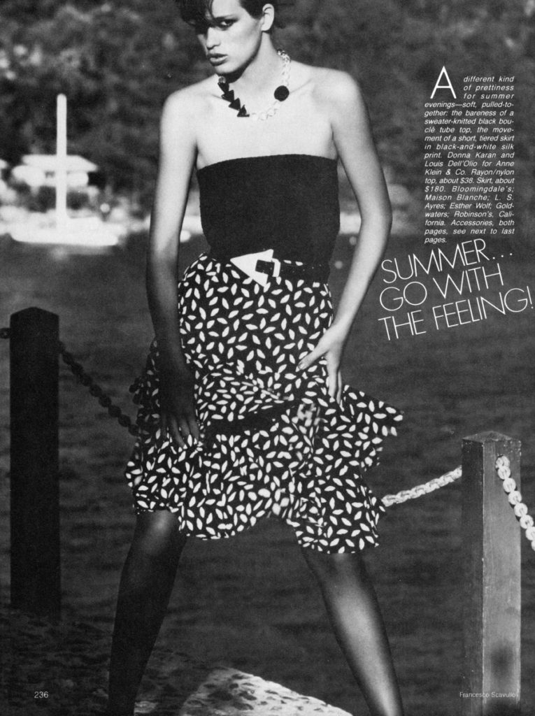 Vogue US May 1980. Gia Carangi, St. Barts shoot. Francesco Scavullo photographer, Harry King hair, Way Bandy makeup, Sean Byrnes stylist.  Models Kim Alexis, Jeff Aquilon.