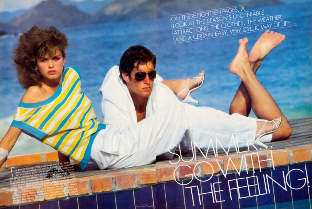 Vogue US May 1980. Gia Carangi, St. Barts shoot. Francesco Scavullo photographer, Harry King hair, Way Bandy makeup, Sean Byrnes stylist.  Models Kim Alexis, Jeff Aquilon.