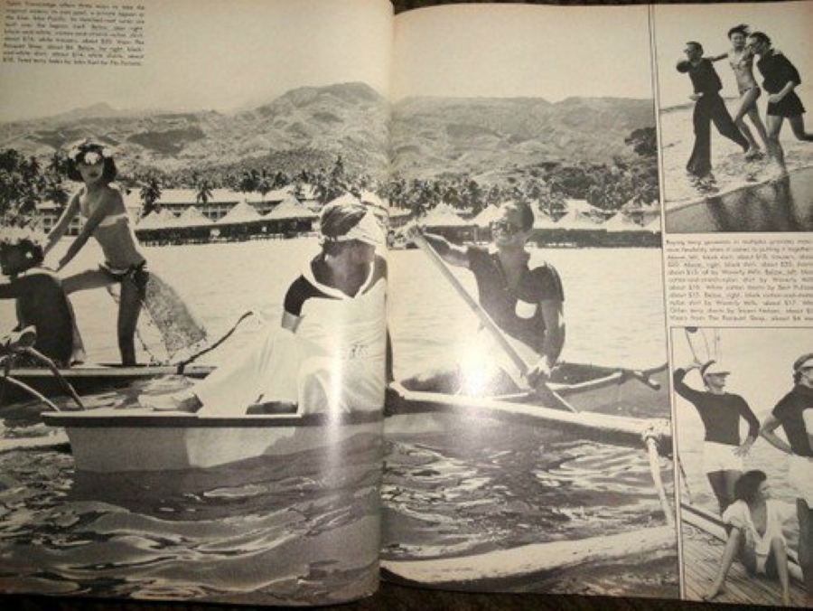GQ, Summer 1975 issue. Location Tahiti. Chris von Wangenheim photographer. Models Lizzette Kattan, Joe MacDonald and Kalani Durdan.