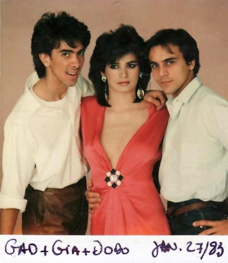 Gia Carangi.  January 27, 1983 Cosmopolitan shoot.  Gad Cohen hair on the left.  Dominique Silberstein photographer assistant on the right.  Candid Polaroid by Photographer Jacques Silberstein.  Makeup by Bill Westmoreland.