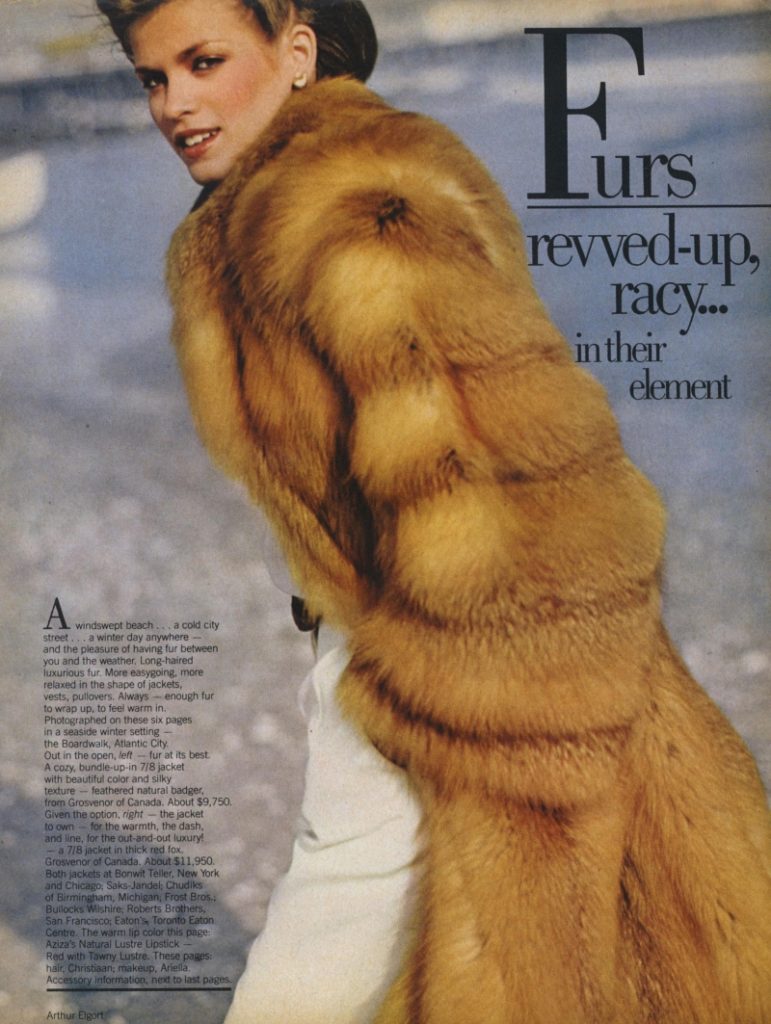 Vogue December 1978. Gia Carangi.  Atlantic City boardwalk.  Arthur Elgort photographer, Christiaan hair, Ariella makeup. 