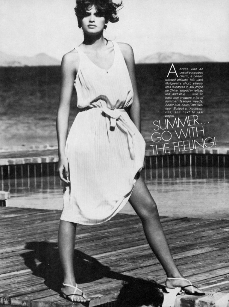 Vogue US May 1980. Gia Carangi, St. Barts shoot. Francesco Scavullo photographer, Harry King hair, Way Bandy makeup, Sean Byrnes stylist.  Models Kim Alexis, Jeff Aquilon.