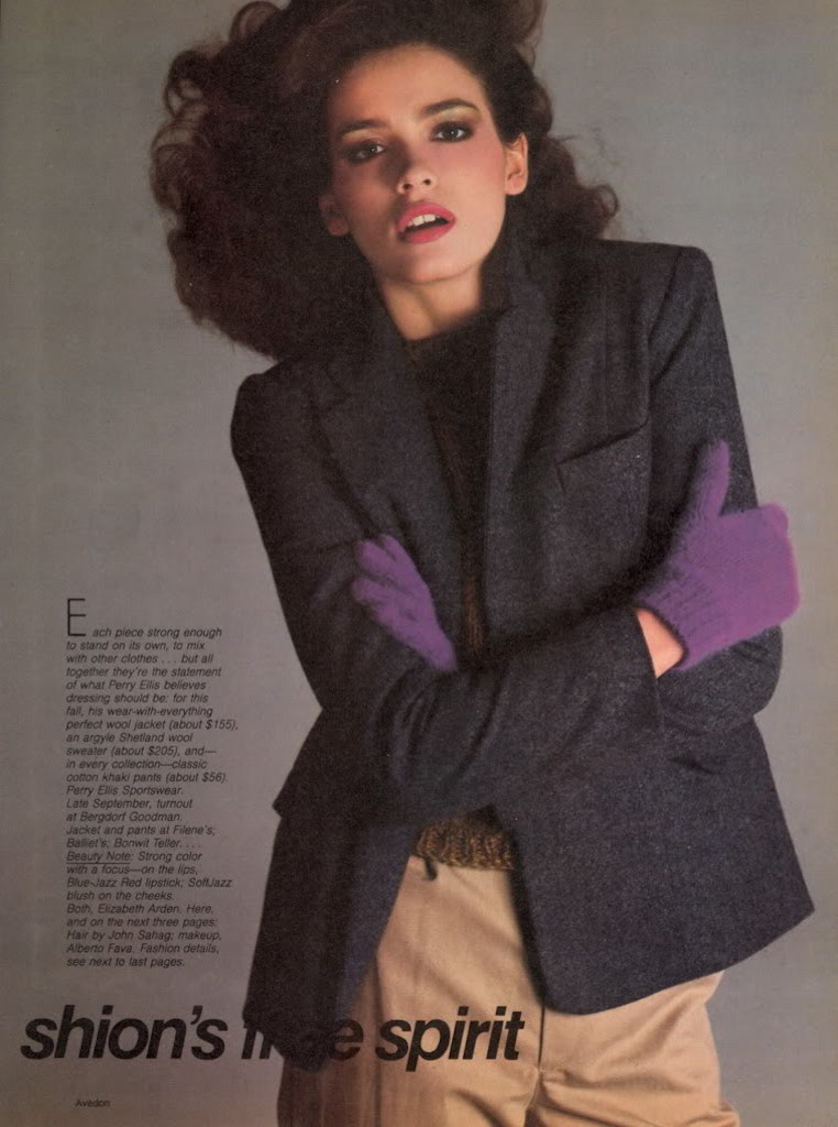 1980 August Vogue US.  Gia Carangi for Perry Ellis. Richard Avedon photographer, John Sahag hair, Alberto Fava makeup