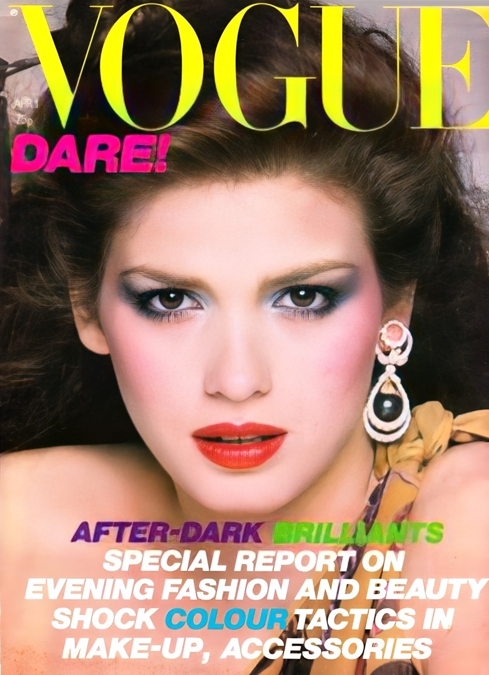 Gia Carangi on the cover of Vogue UK April 1, 1979. Photographer Alex Chatelain. Hairstylist Gilles. Makeup artist Jacques Clemente.