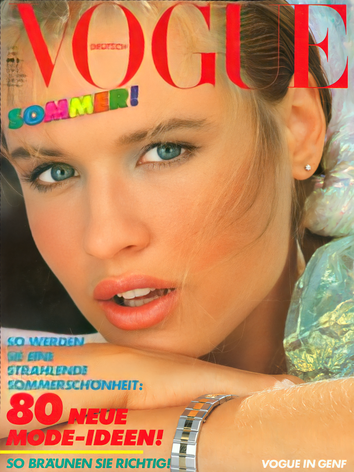 Vogue Deutsch June 1981. Cover model Andrea Malkiewicz by Albert Watson photographer. Inside magazine is Gia Carangi by Albert Watson.