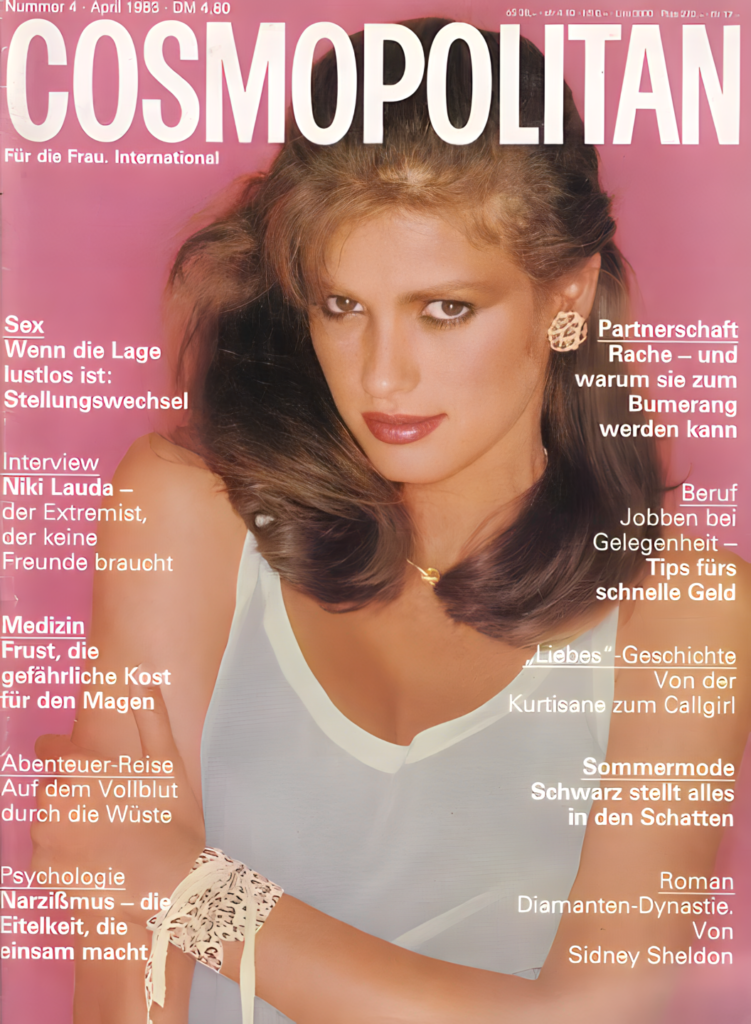 Gia on the cover of German Cosmo 1983 April.