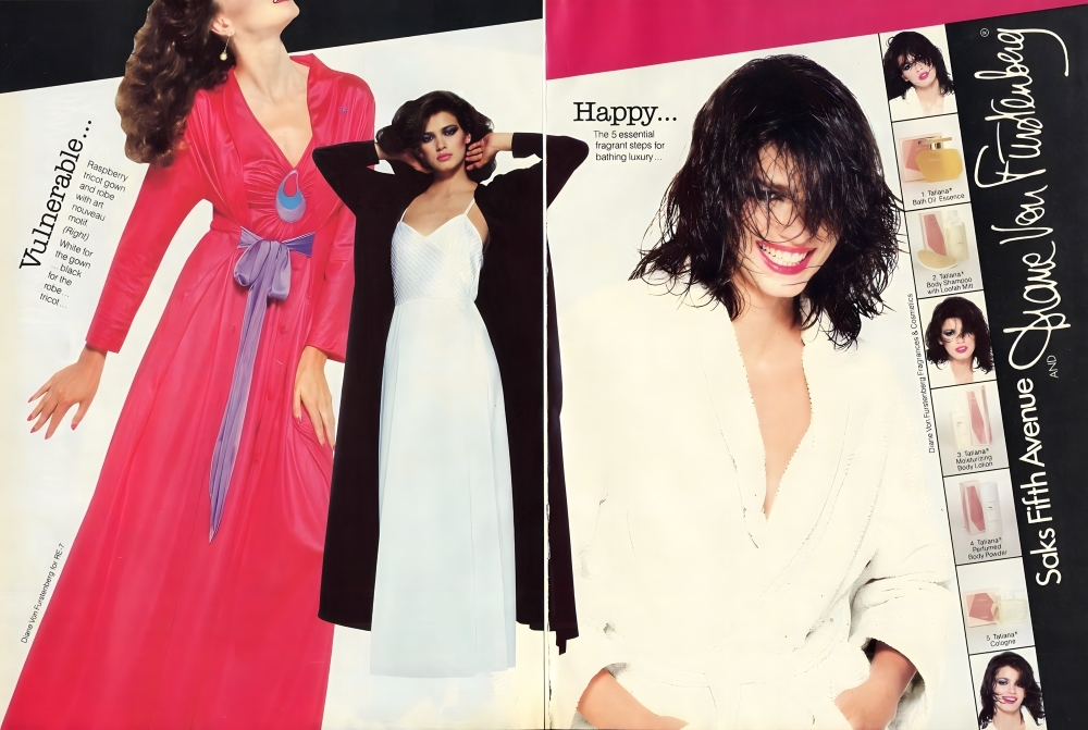 Gia Carangi in Vogue US 1979 November. Diane Von Furstenberg 11-page editorial. Chris Von Wangenheim photographer. Saks Fifth Avenue.