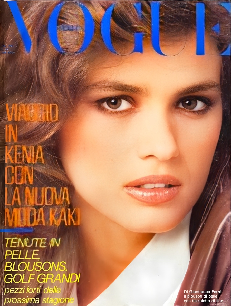 Gia Carangi Cover of Vogue Italia February 1981. Renato Grignaschi photographer, Bruno hair stylist, Sandy Linter makeup.