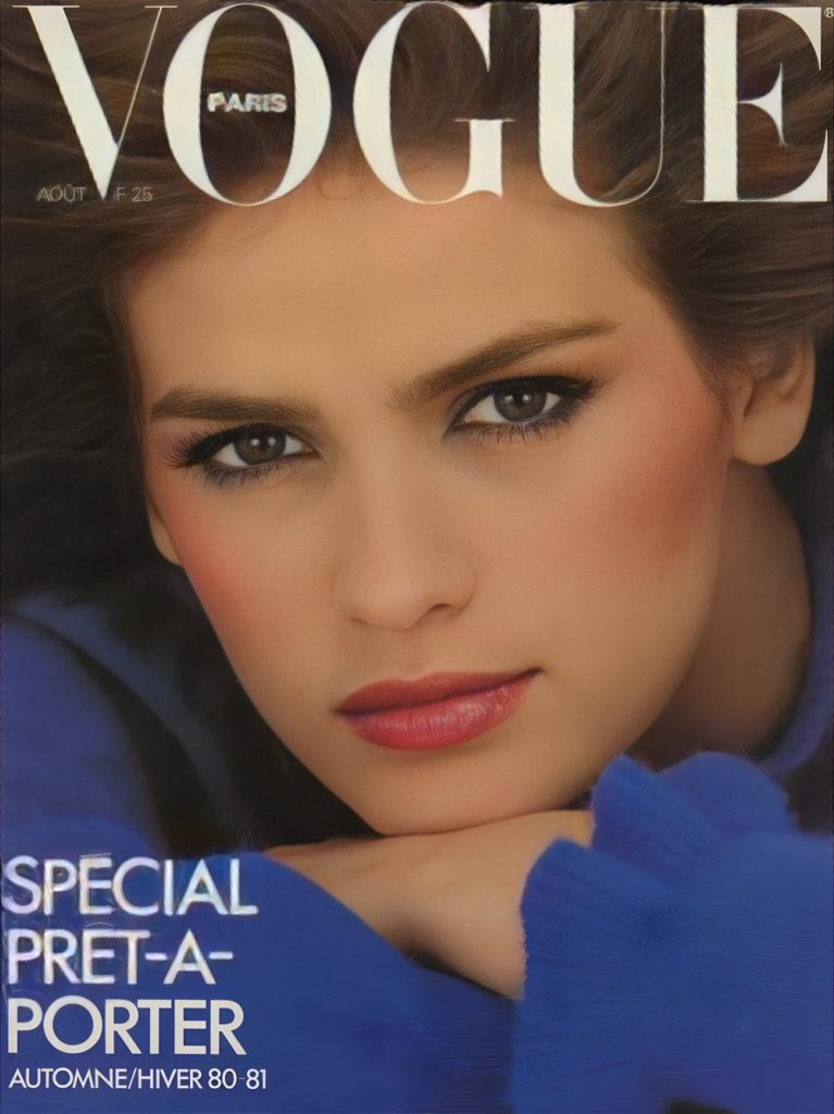 Gia Carangi on the cover of Vogue Paris August 1980. Albert Watson photographer. Anne-Marie Barthelemy makeup.