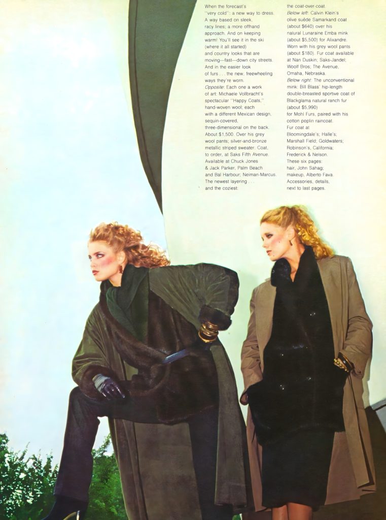 Vogue 1979 November. Kim Alexis and Nancy Donahue models. Chris Von Wangenheim photographer. John Sahag hair, Alberto Fava makeup. The Wind-Chill Factor.