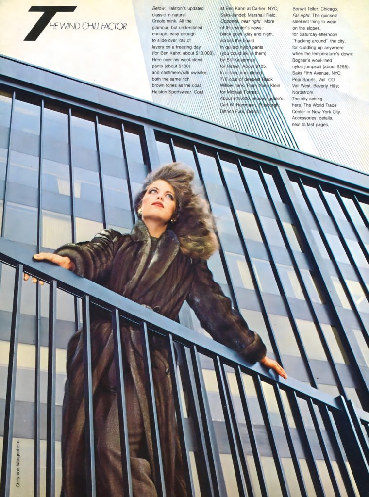 Vogue 1979 November. Lisa Vale model. Chris Von Wangenheim photographer. John Sahag hair, Alberto Fava makeup. The Wind-Chill Factor.