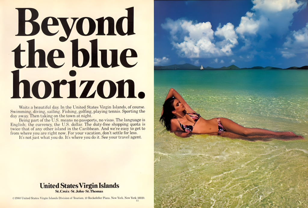 1980 January Vogue US. Gia Carangi, US Virgin Islands ad.