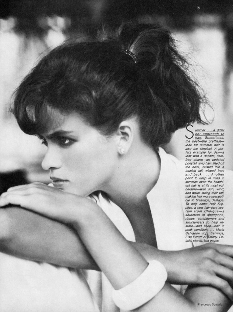 Vogue US May 1980. Gia Carangi, St. Barts shoot. Francesco Scavullo photographer, Harry King hair, Way Bandy makeup, Sean Byrnes stylist.  Models Kim Alexis, Jeff Aquilon.