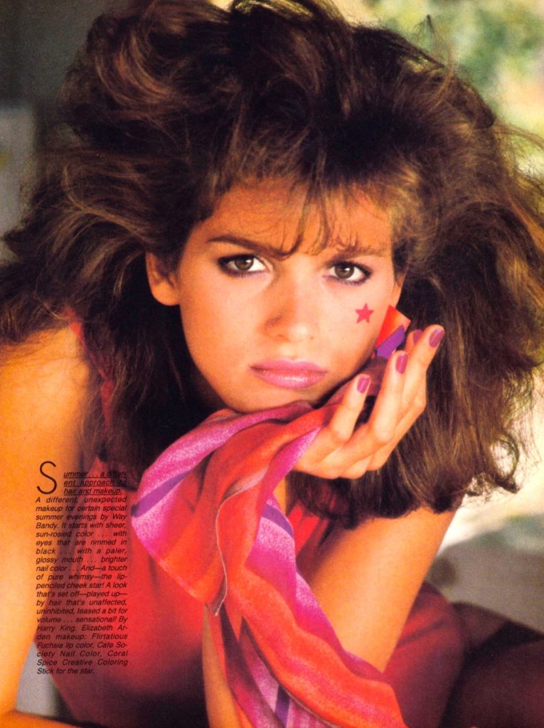 Vogue US May 1980. Gia Carangi, St. Barts shoot. Francesco Scavullo photographer, Harry King hair, Way Bandy makeup, Sean Byrnes stylist.  Models Kim Alexis, Jeff Aquilon.