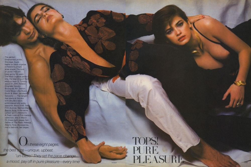 1980 March Vogue US.  Tops! Pure Pleasure ~ Perry Ellis designer, Gia Carangi, Eva Voorhees and Alessandro Stepanoff. Richard Avedon photographer, Garren hair, Alberto Fava makeup.