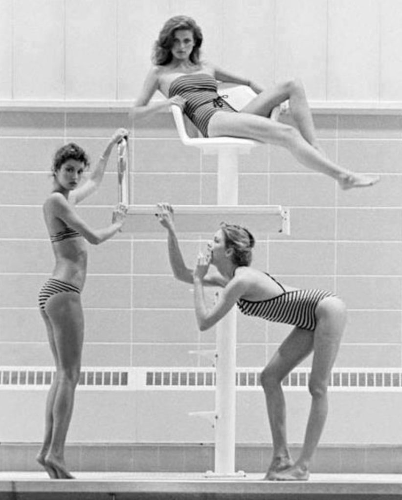 Gia Carangi, Janice Dickenson, Debbie Dickenson, by Robert Farber photographer.  Fordham University pool, the Bronx, New York City.