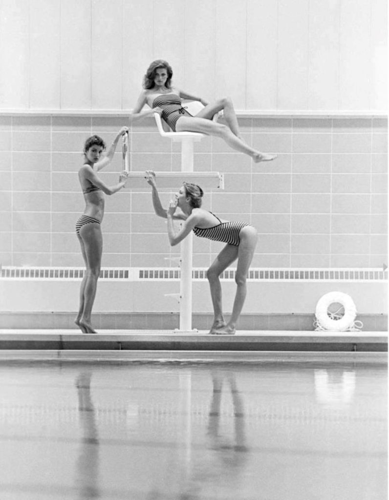 Gia Carangi, Janice Dickinson, Debbie Dickinson, by Robert Farber photographer.  Fordham University pool, the Bronx, New York City.