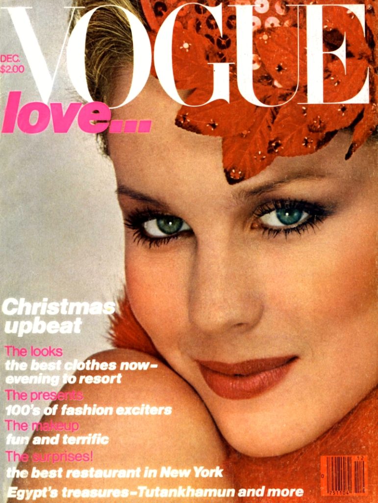 Vogue December 1978. Rosie Vela cover.  Albert Watson photographer, Harry King hair, Sandy Linter makeup.